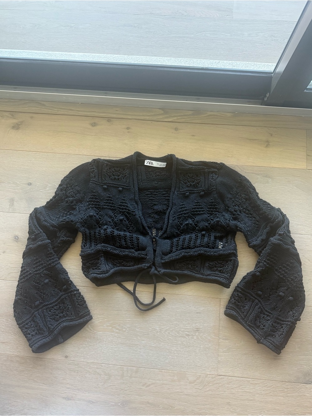 Zara Black Cropped Knit Tie-Front Cardigan
